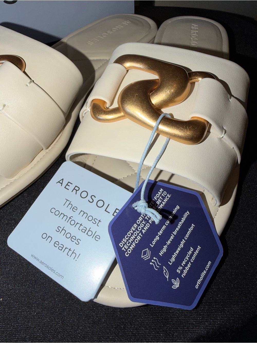 AEROSOLES Cream Slide Sandals with Gold Chain Detail - Picture 4 of 6